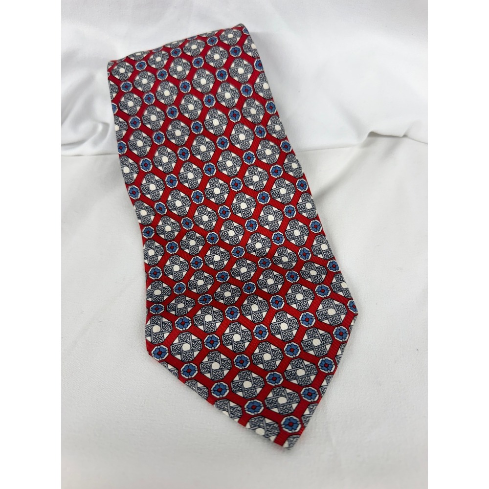 Givenchy Men's Vintage Silk Tie Red White Blue Geometric Lattice Pattern